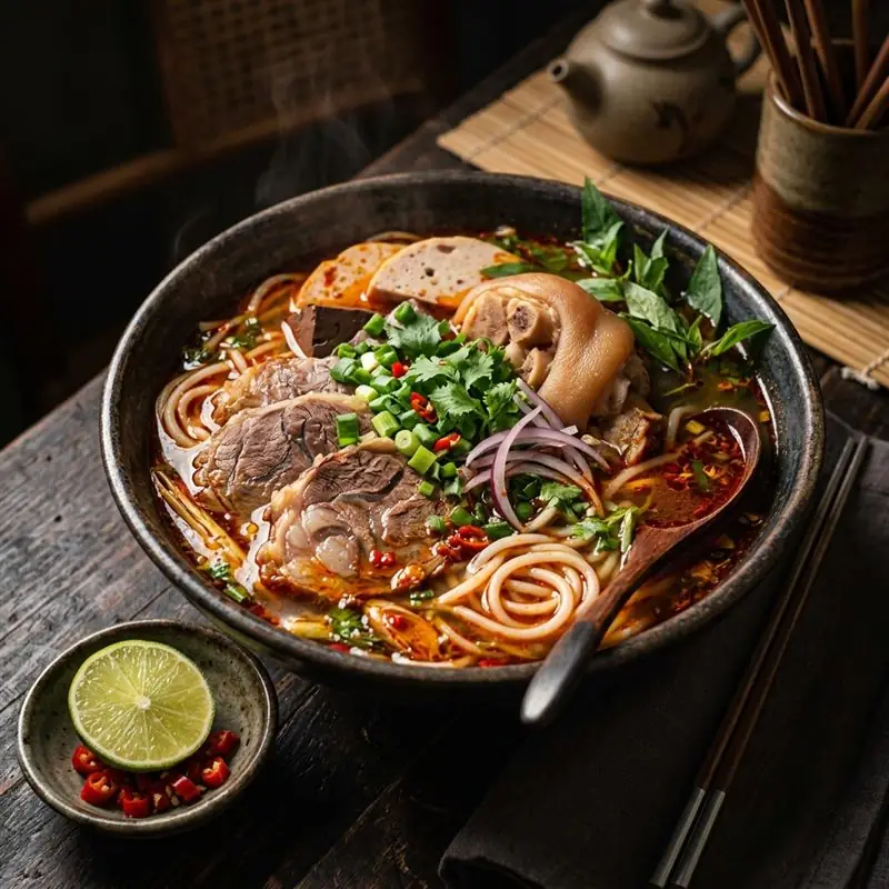 Mâm cơm Bún bò Huế cay nồng
