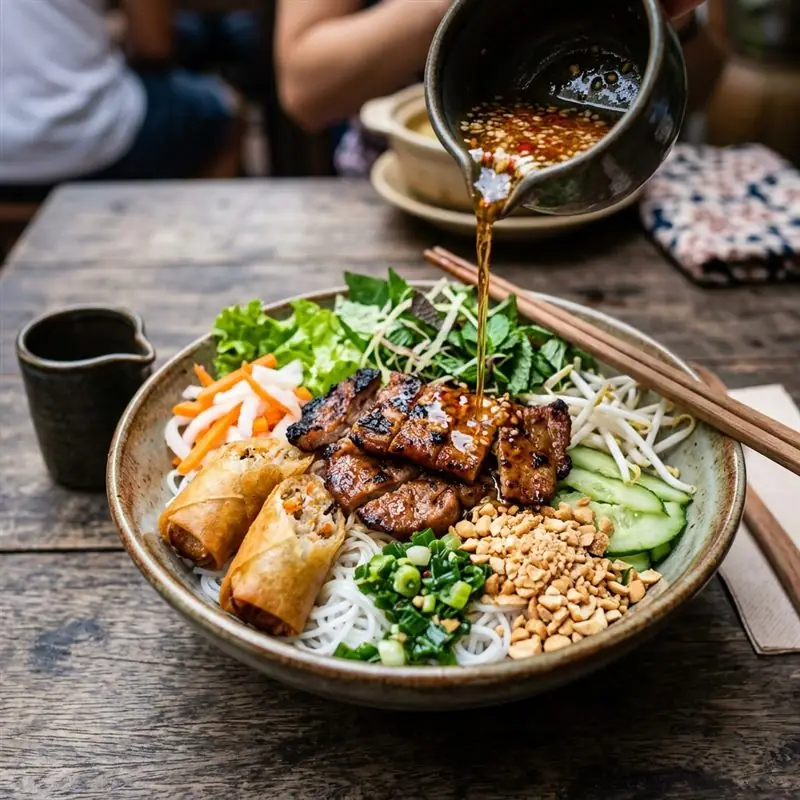 Mâm cơm Bún thịt nướng sáng