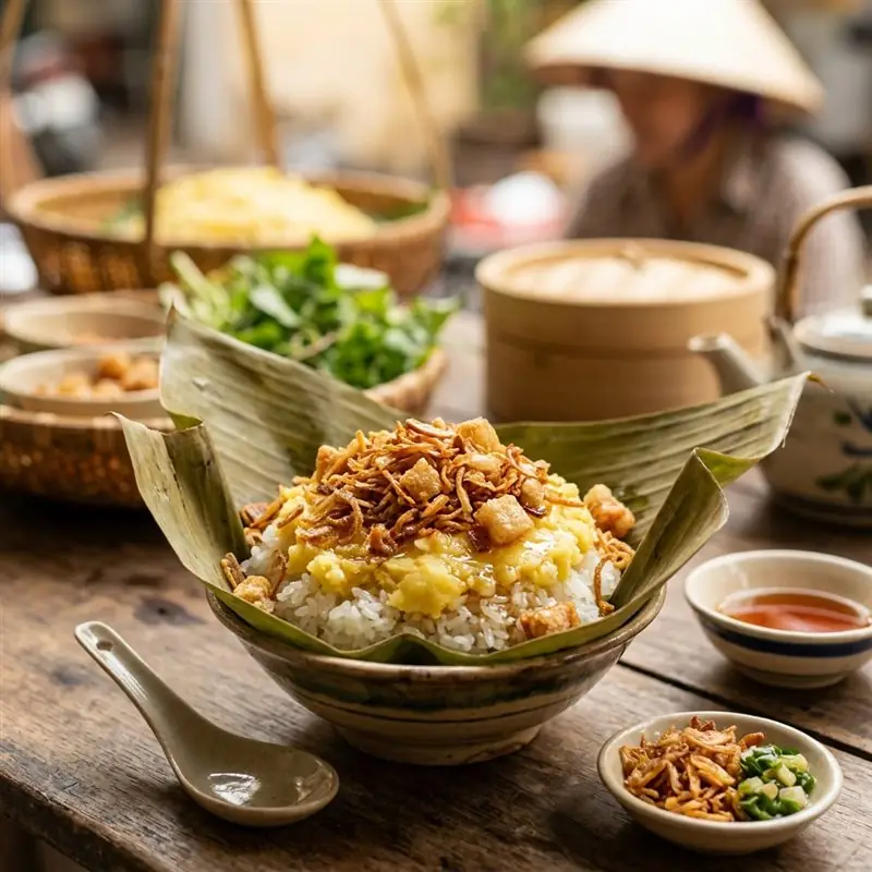 Mâm cơm Xôi xéo buổi sáng