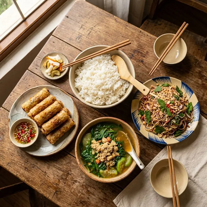 Mâm cơm Nem rán nộm hoa chuối