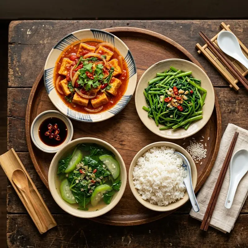 Mâm cơm Đậu phụ sốt cà mồng tơi