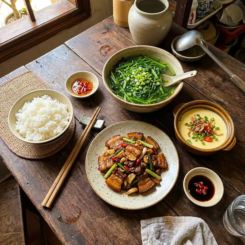 Mâm cơm Thịt rang tỏi trứng hấp