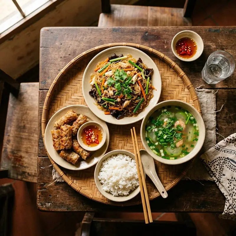 Mâm cơm Miến xào cua nem chua