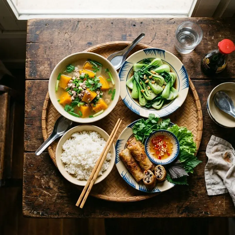 Mâm cơm Nem rán canh bí đỏ