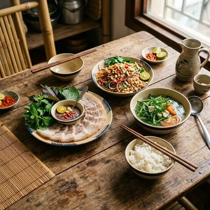 Mâm cơm Thịt luộc nộm hoa chuối