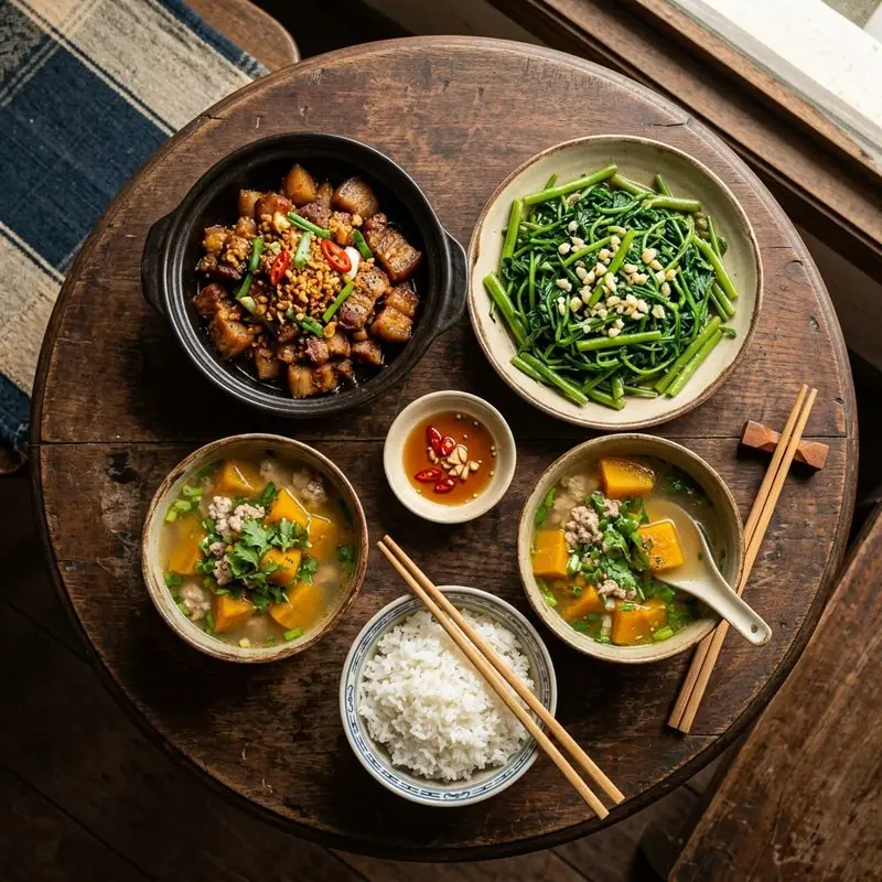 Mâm cơm Thịt rang tỏi canh bí đỏ