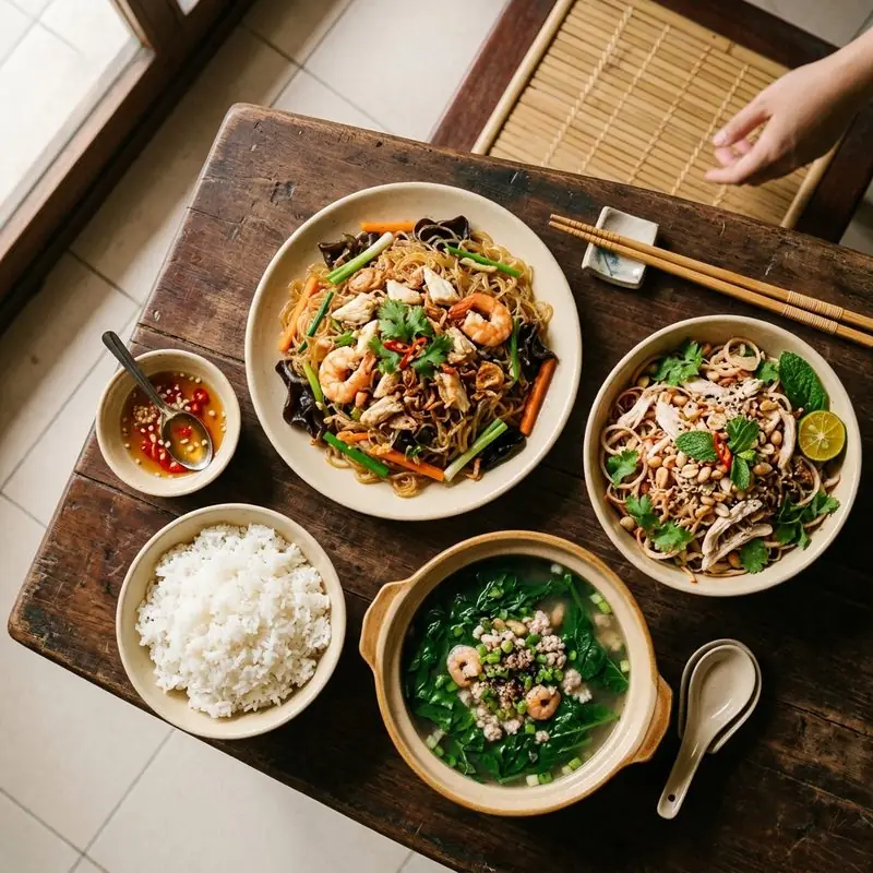Mâm cơm Miến xào nộm hoa chuối