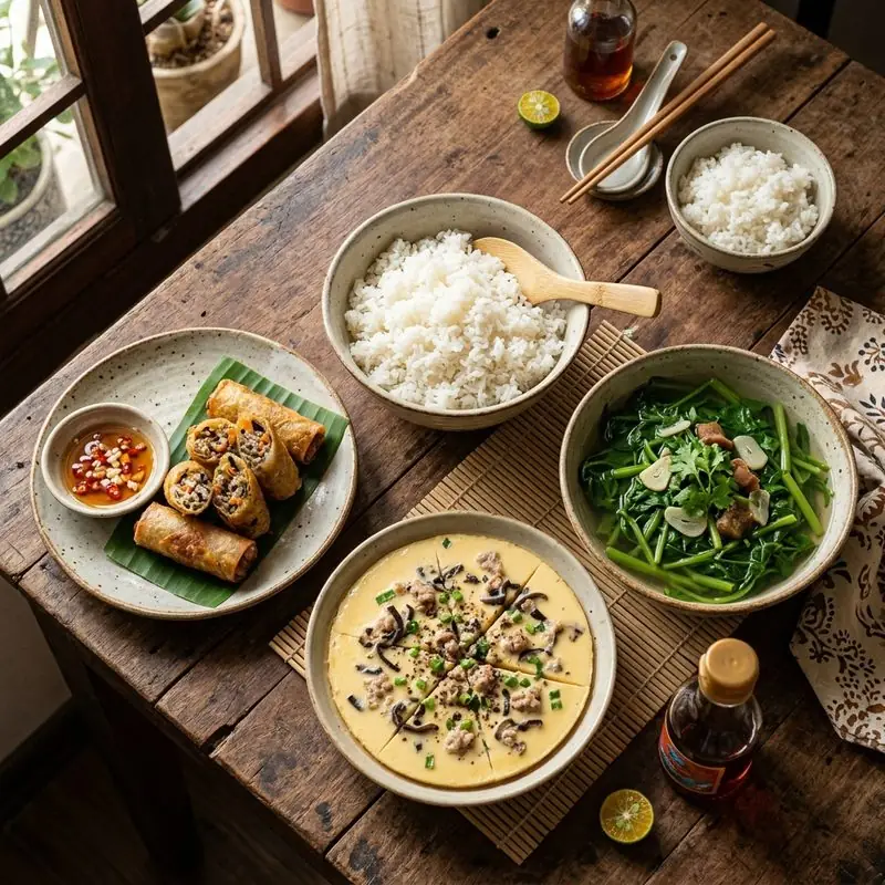 Mâm cơm Nem rán trứng hấp