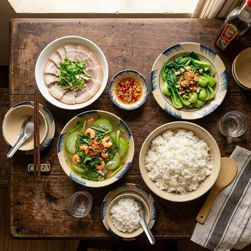 Mâm cơm Thịt luộc canh bầu