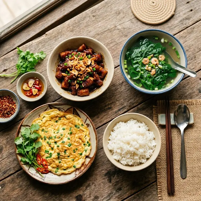 Mâm cơm Thịt rang tỏi canh mồng tơi