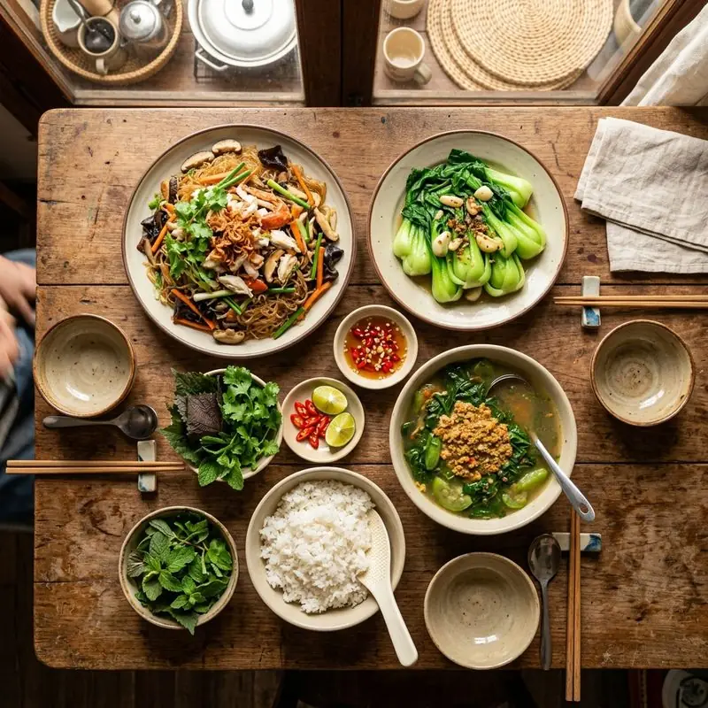 Mâm cơm Miến xào canh cua rau đay