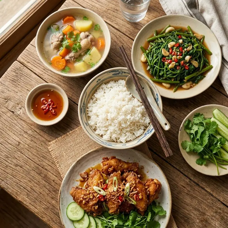 Mâm cơm Cánh gà chiên nước mắm canh khoai tây