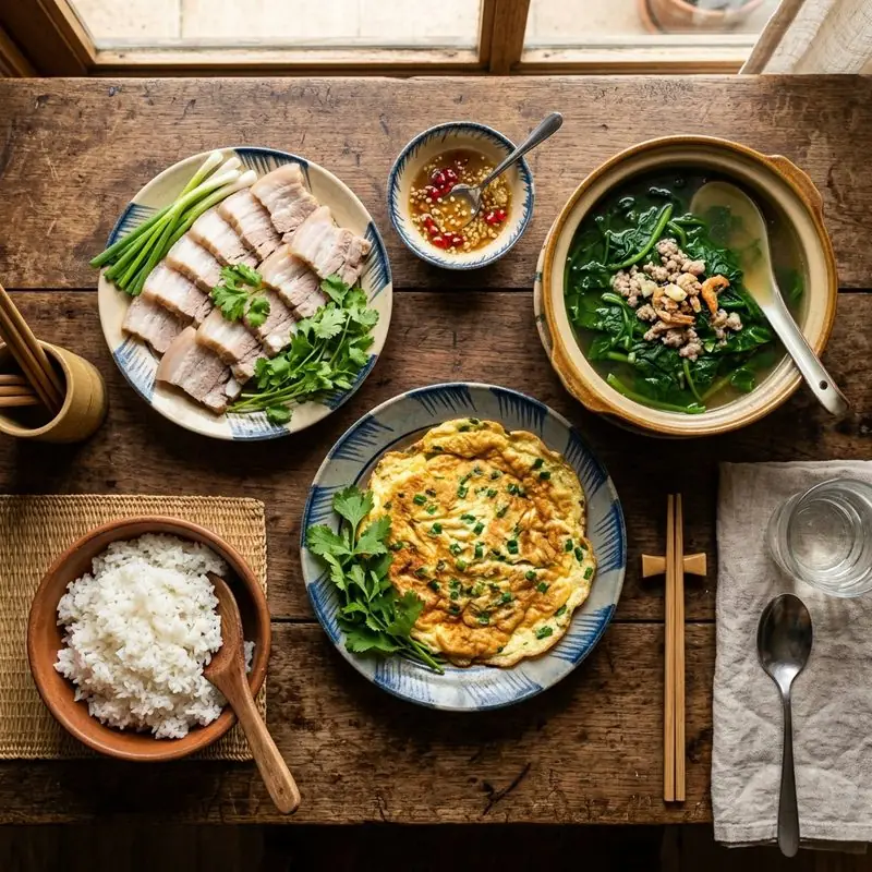 Mâm cơm Thịt luộc canh mồng tơi