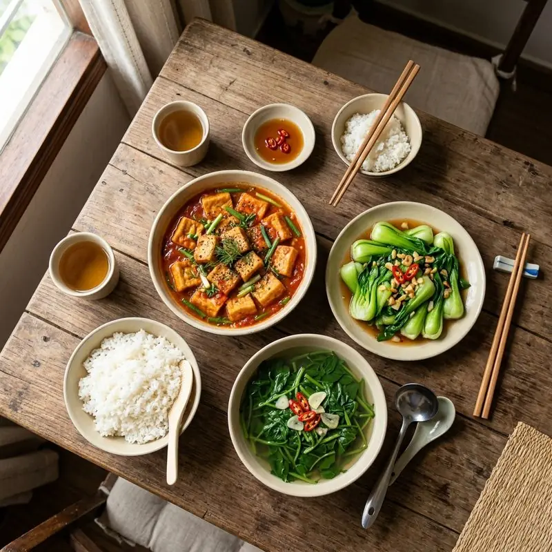 Mâm cơm Đậu phụ rau cải xào