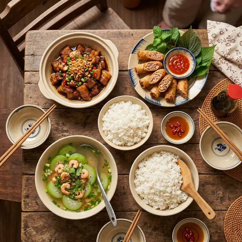 Mâm cơm Thịt rang tỏi canh bầu