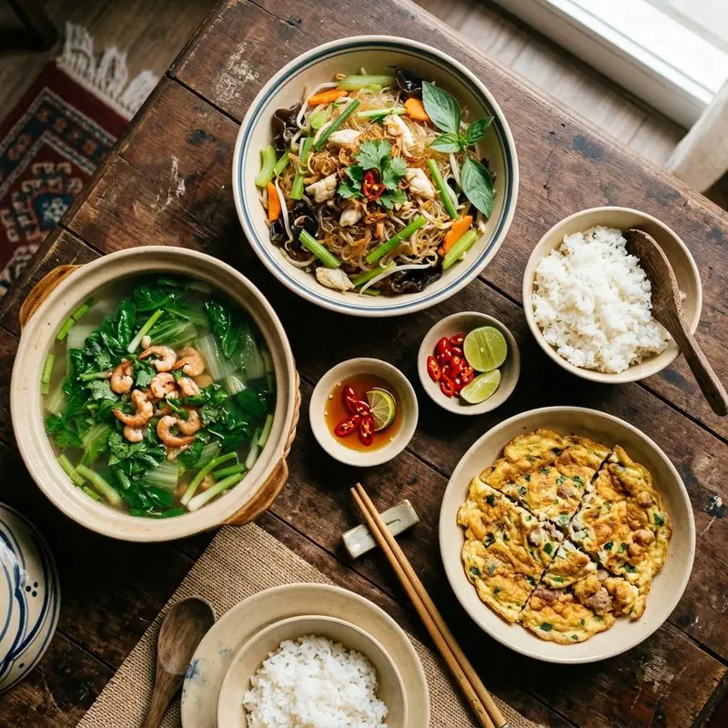 Mâm cơm Miến xào canh cải thảo