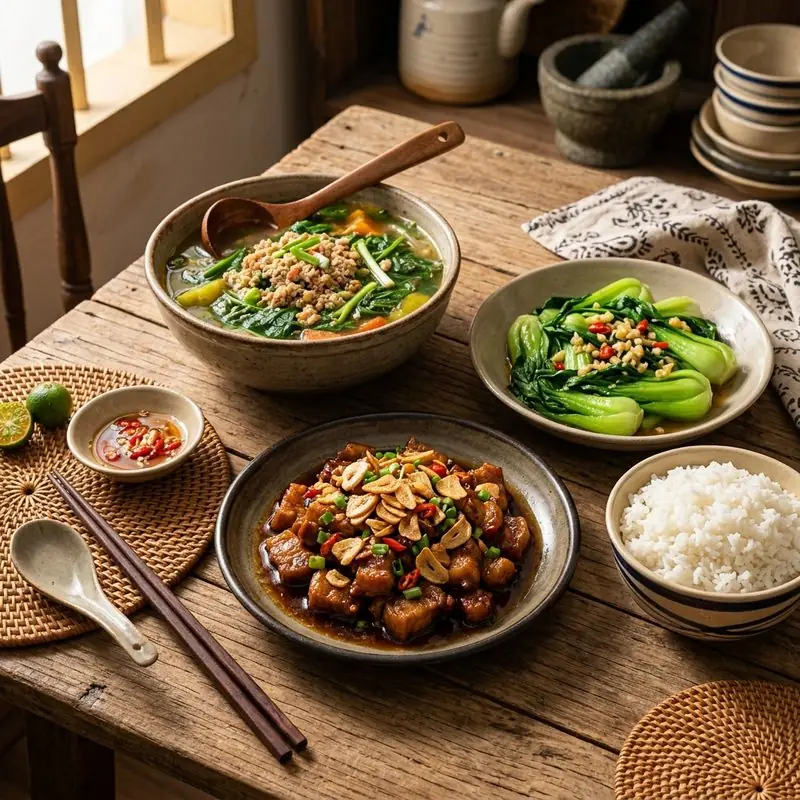 Mâm cơm Thịt rang tỏi canh cua