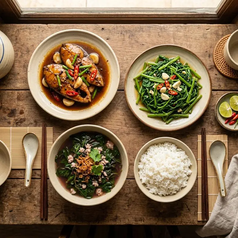 Mâm cơm Cá nục rim tỏi ớt canh rau dền