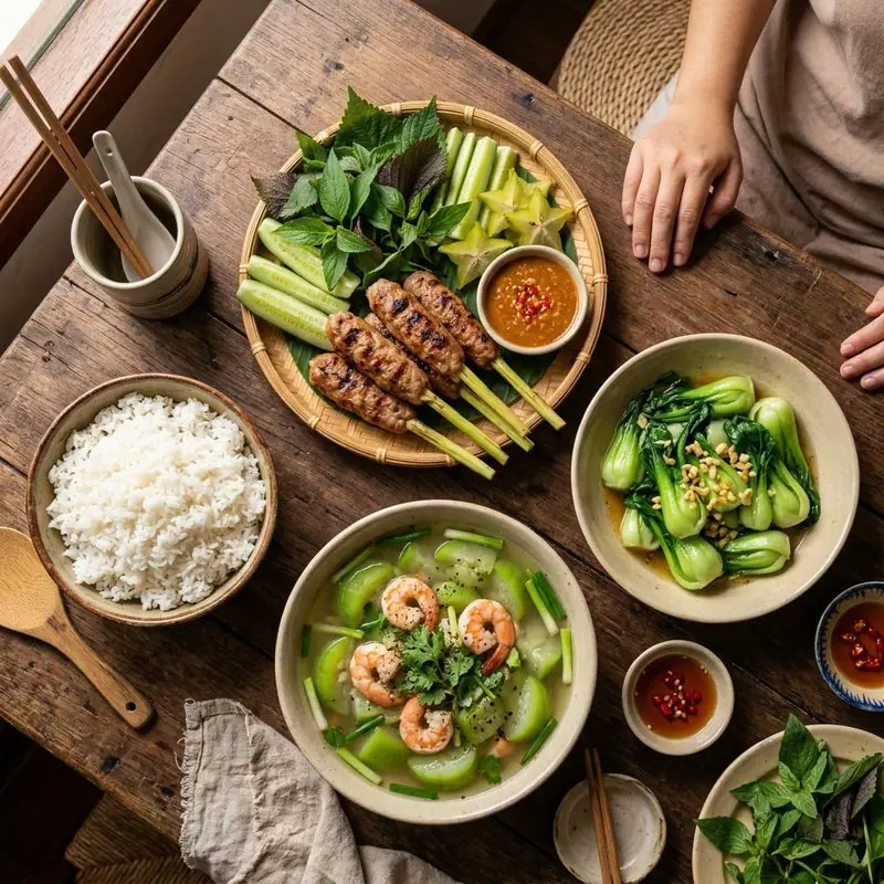 Mâm cơm Nem lụi rau cải xào