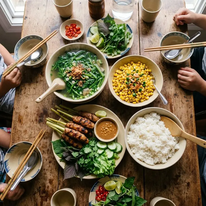 Mâm cơm Nem lụi bắp xào bơ