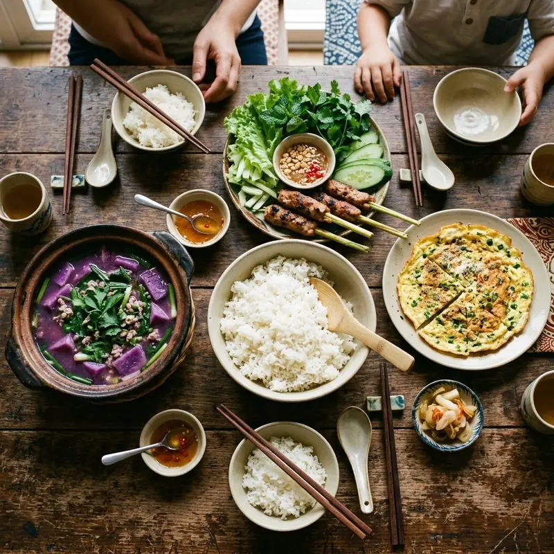 Mâm cơm Nem lụi canh khoai mỡ