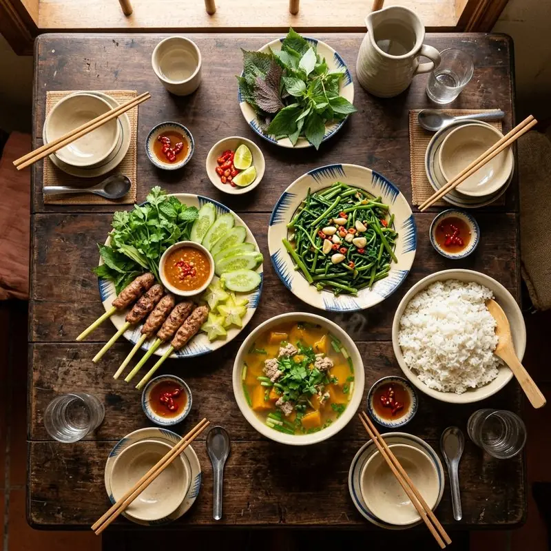 Mâm cơm Nem lụi canh bí đỏ