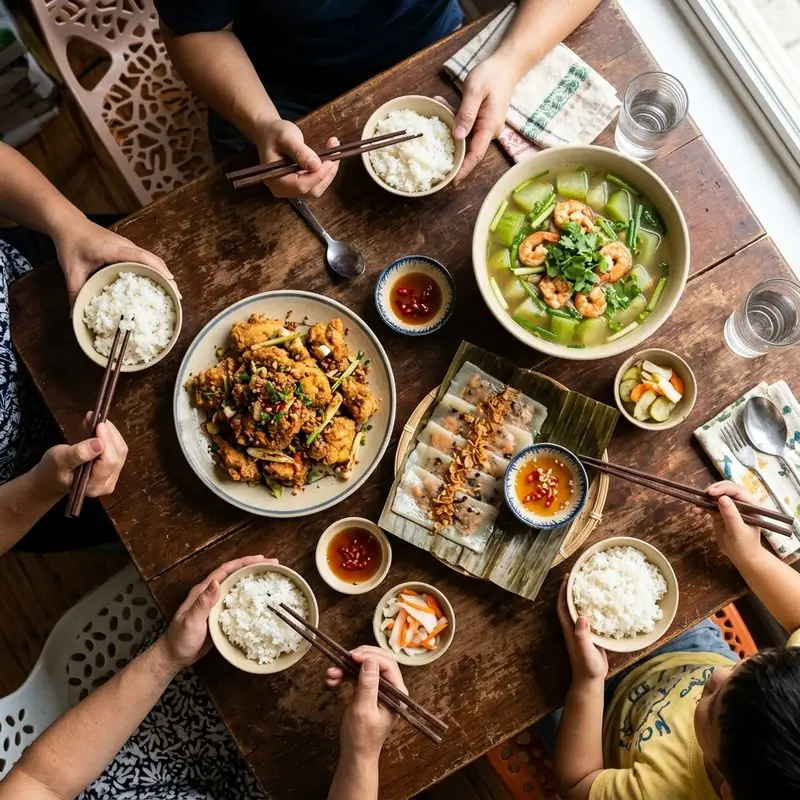 Mâm cơm Gà rang muối bánh nậm