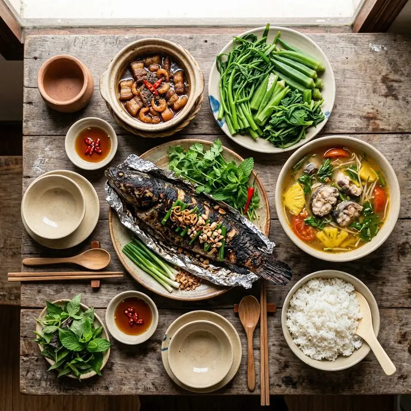 Mâm cơm Cá lóc nướng canh chua