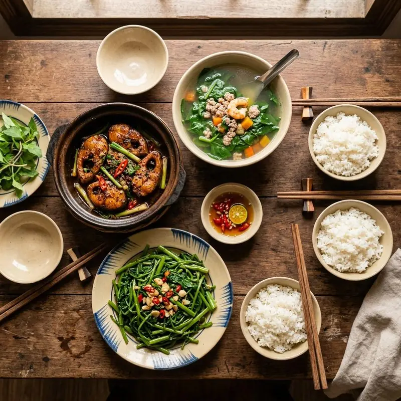 Mâm cơm Cá kho tộ canh mồng tơi