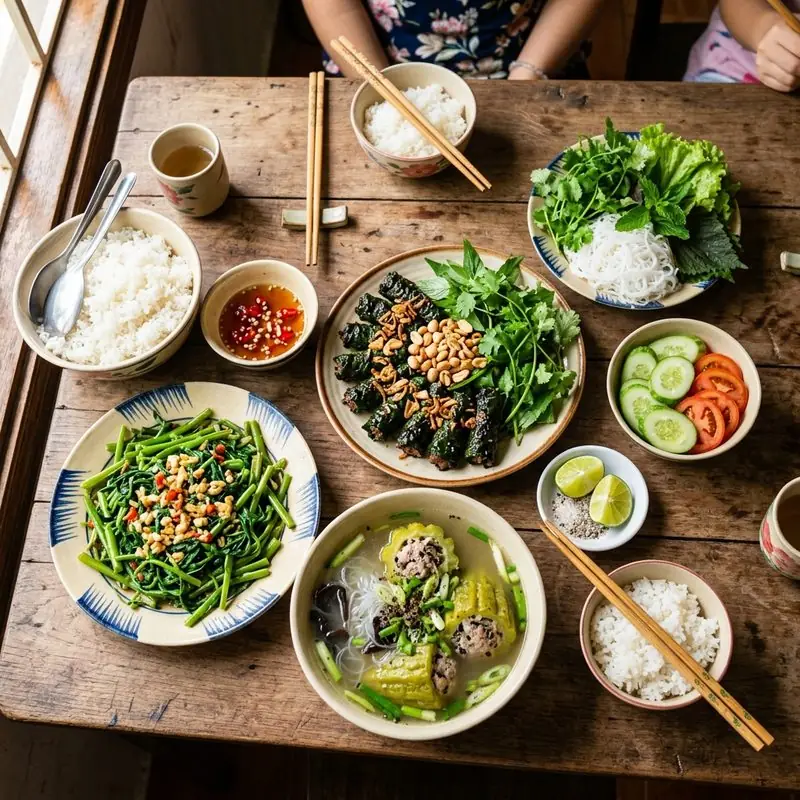 Mâm cơm Bò lá lốt canh khổ qua