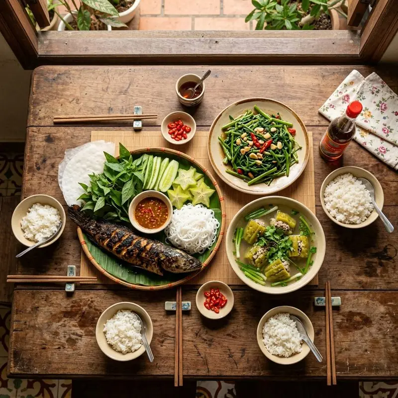 Mâm cơm Cá lóc nướng khổ qua
