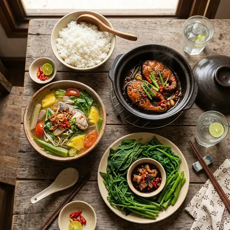 Mâm cơm Cá kho tộ canh chua