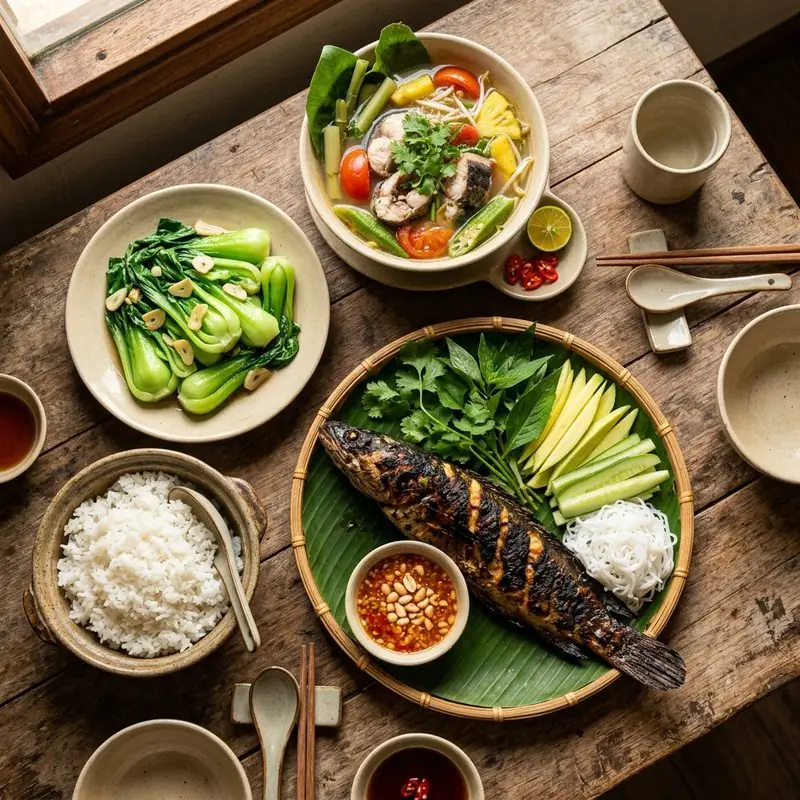 Mâm cơm Cá lóc nướng rau cải