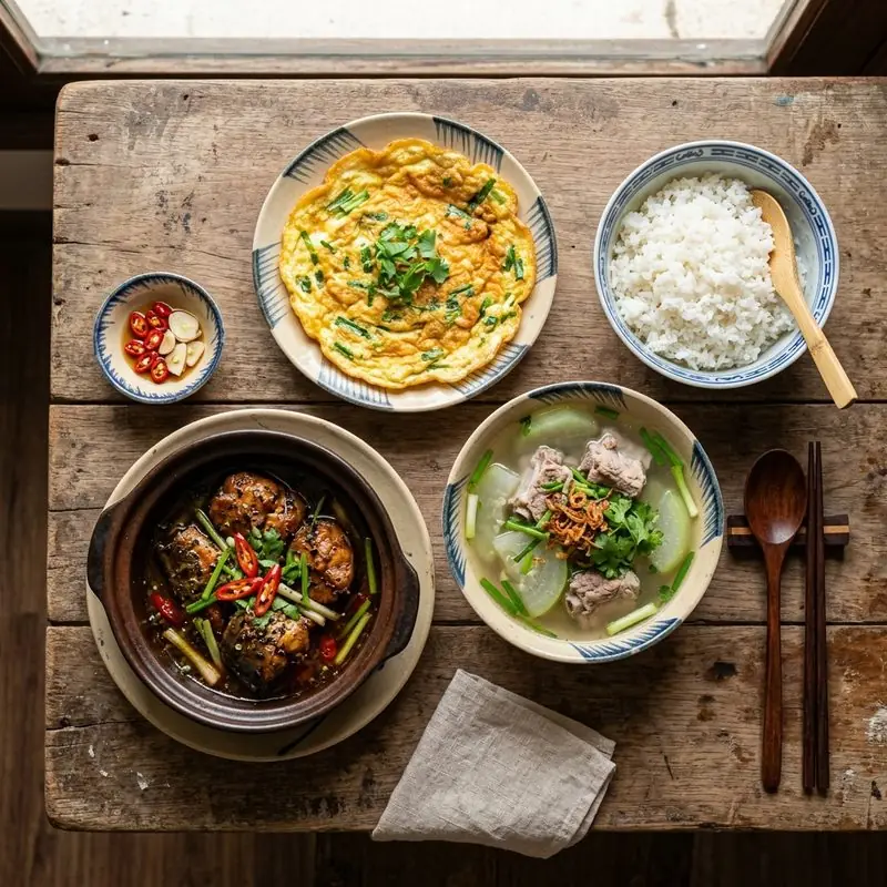 Mâm cơm Cá lóc kho tiêu canh bí xanh