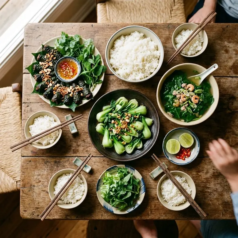 Mâm cơm Bò lá lốt canh mồng tơi