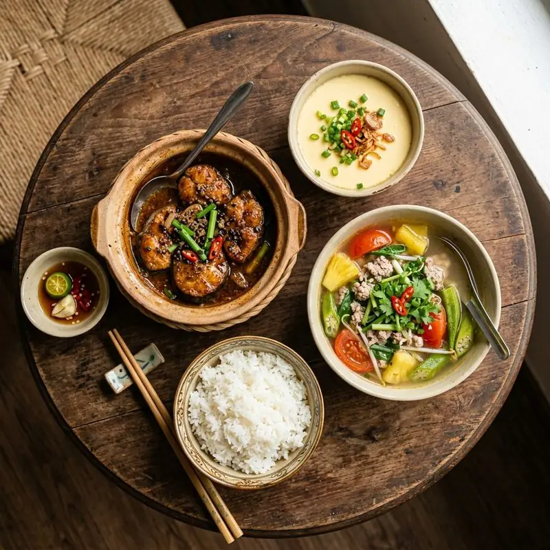 Mâm cơm Cá lóc kho tiêu canh chua