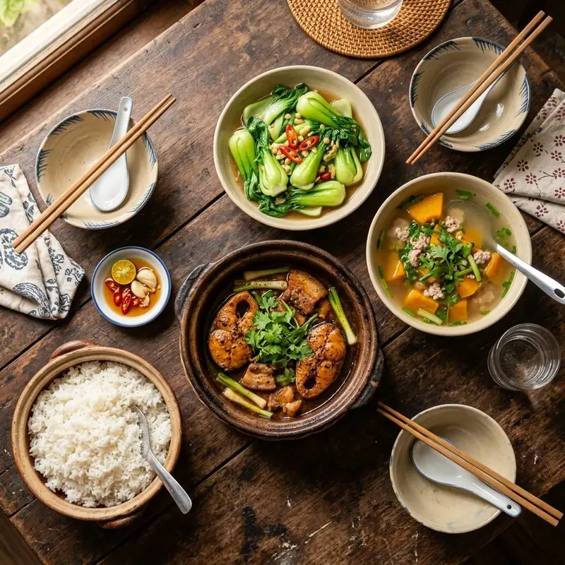 Mâm cơm Cá kho tộ canh bí đỏ