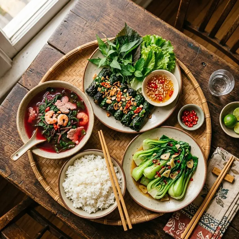 Mâm cơm Chả lá lốt canh rau dền