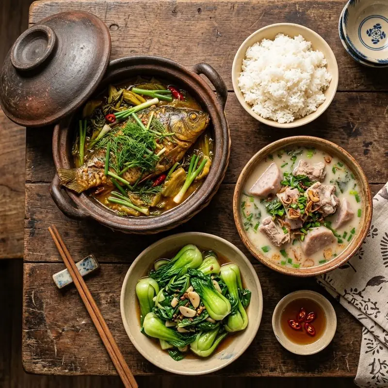 Mâm cơm Cá chép om dưa canh khoai môn
