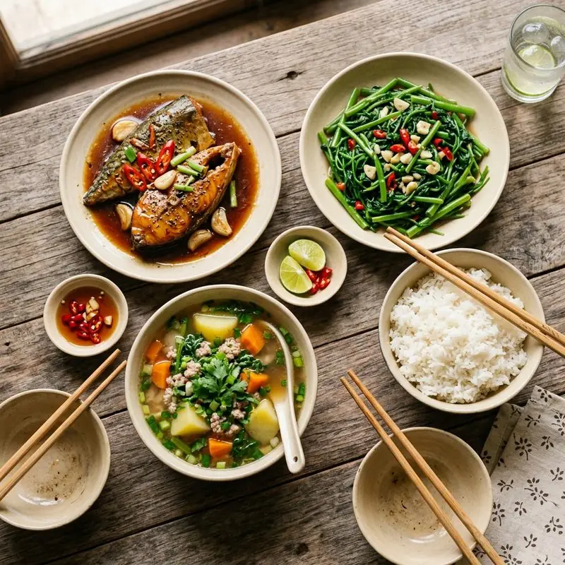 Mâm cơm Cá nục rim tỏi ớt canh khoai tây