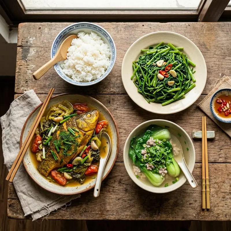 Mâm cơm Cá chép om dưa canh cải thìa