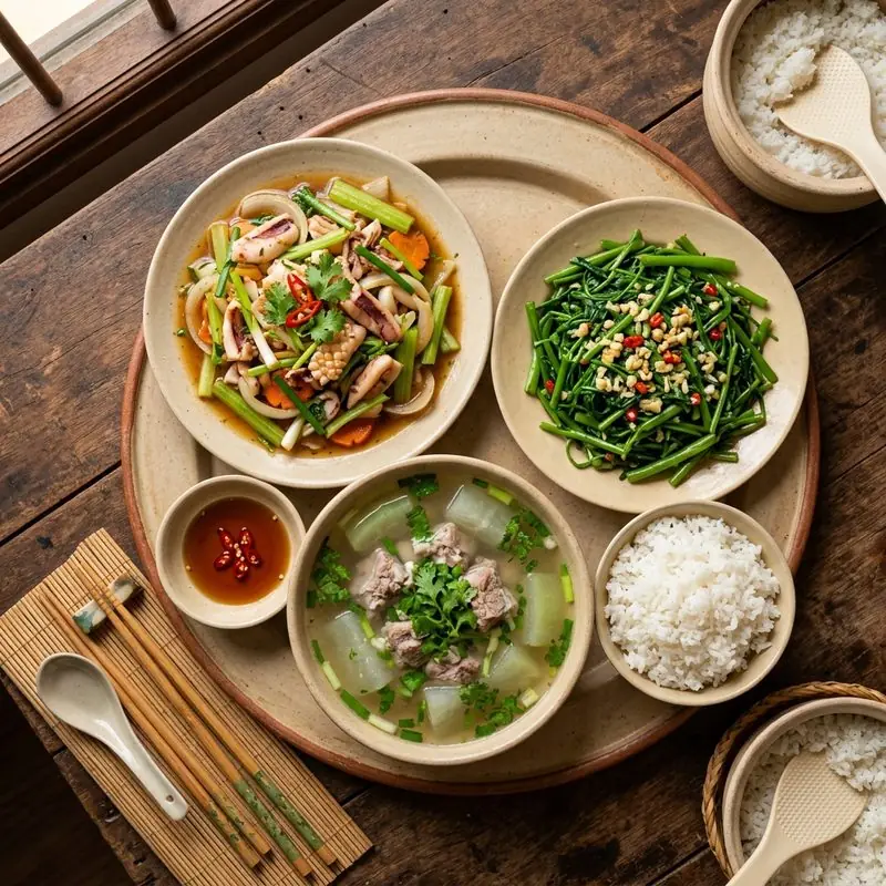 Mâm cơm Mực xào cần tây canh bí xanh