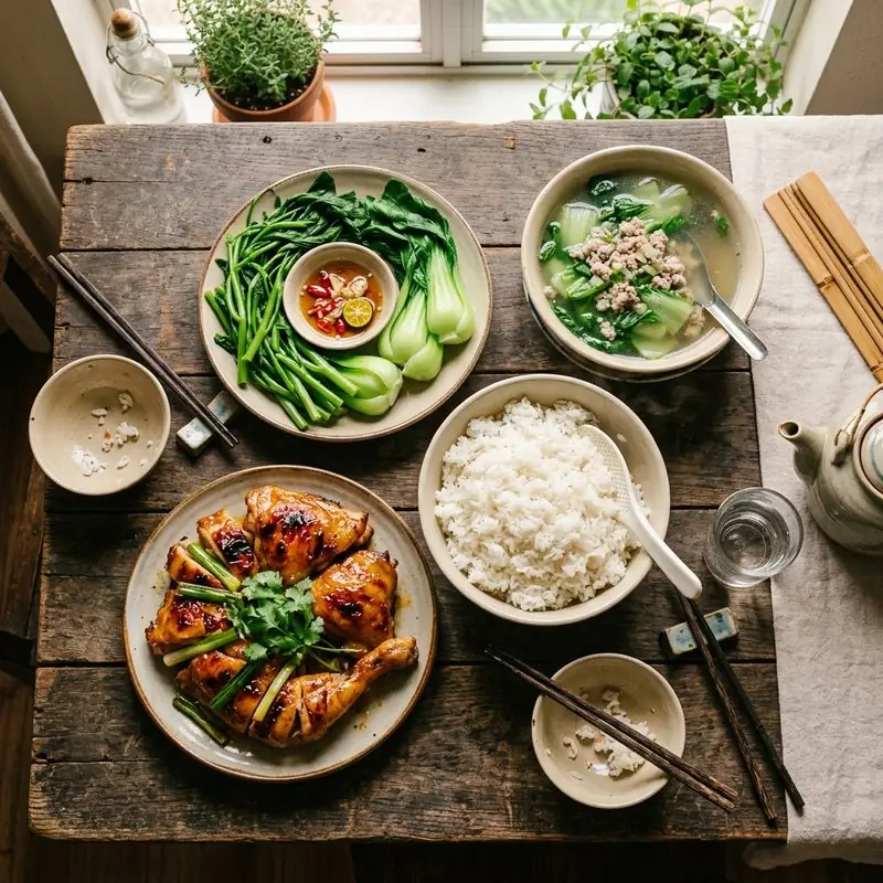 Mâm cơm Gà nướng mật ong canh cải thìa