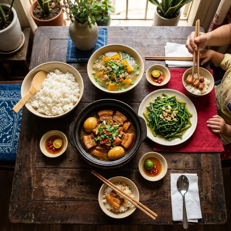 Mâm cơm Thịt kho tàu canh bí đỏ
