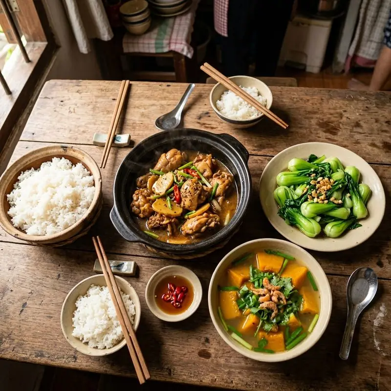 Mâm cơm Gà kho gừng rau cải