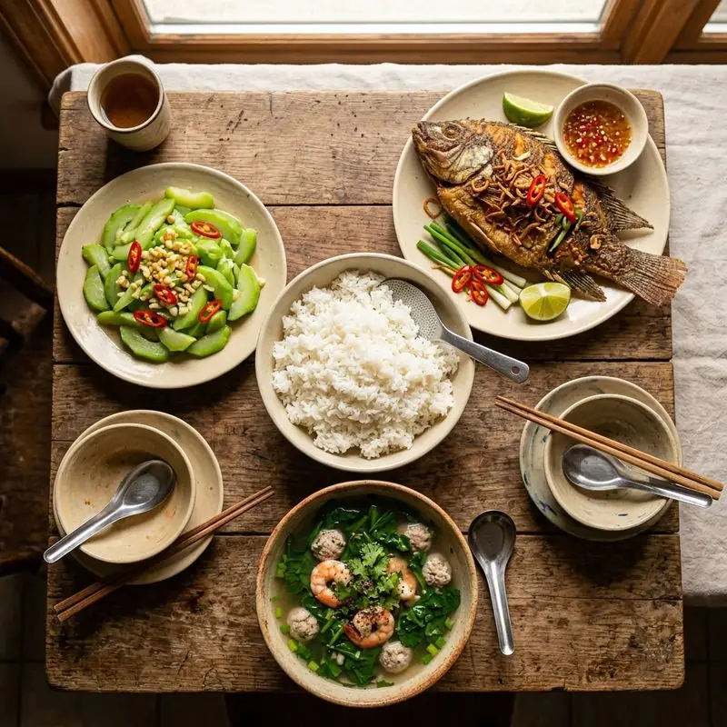 Mâm cơm Cá chiên giòn mồng tơi