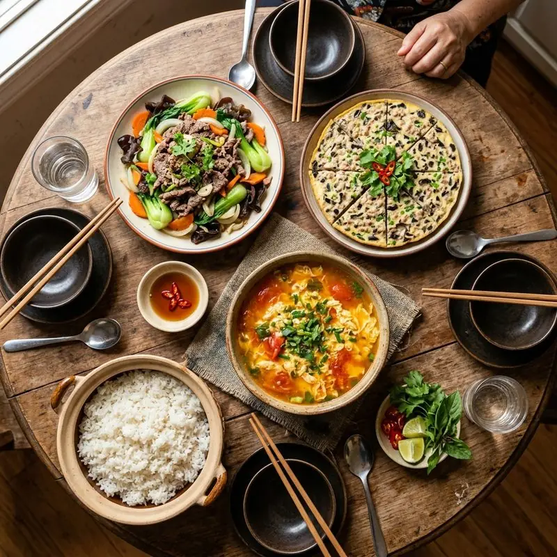Mâm cơm Bò xào trứng đúc thịt