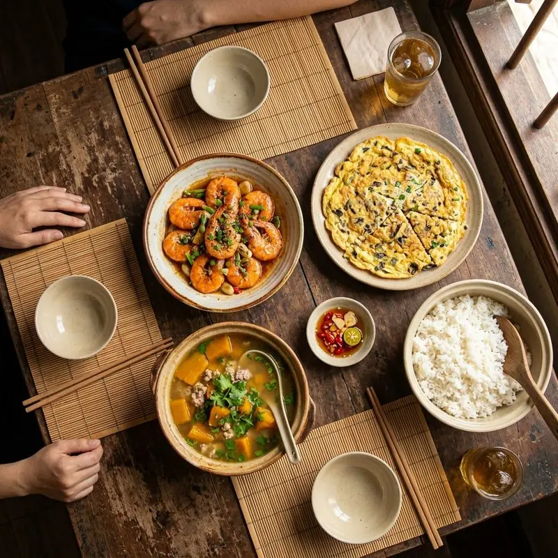 Mâm cơm Tôm rim trứng chiên