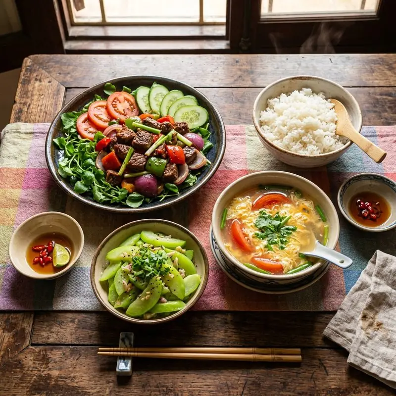 Mâm cơm Bò lúc lắc su su xào