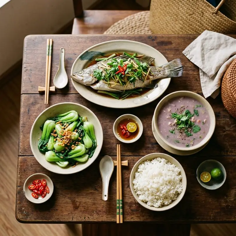 Mâm cơm Cá hấp gừng canh khoai